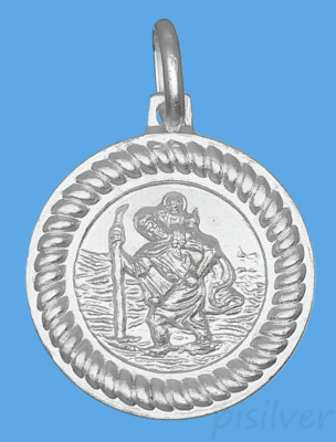 Genuine 925 Sterling Silver Saint St Christopher Medal Charm Pendant Rope Border