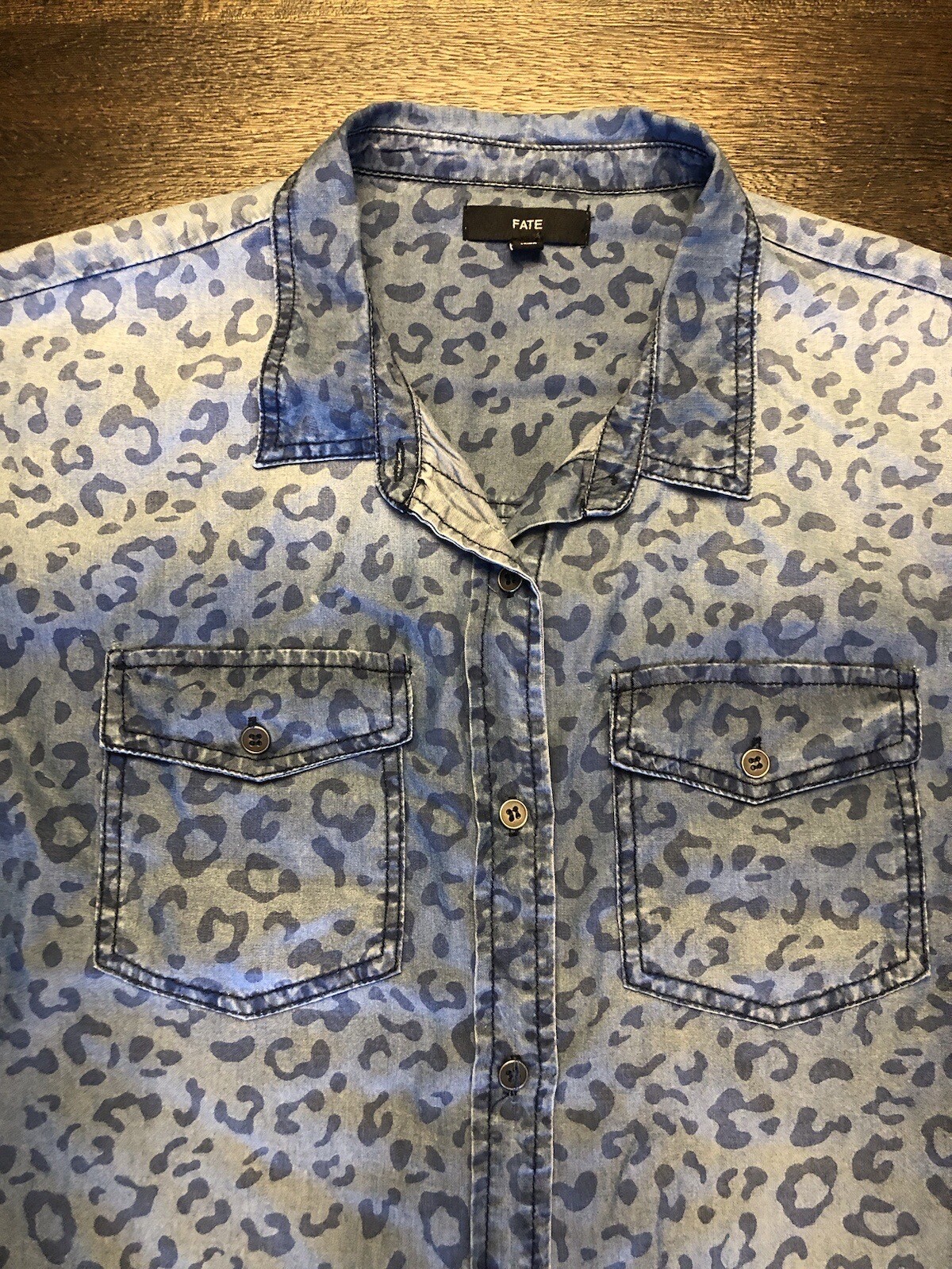 FATE Blue Chambray Leopard Print Button Down Long… - image 2