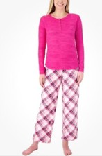 MUK LUKS Butter Knit Henley with Thermal Fleece Pant PJ Set Pink Plaid Large A36