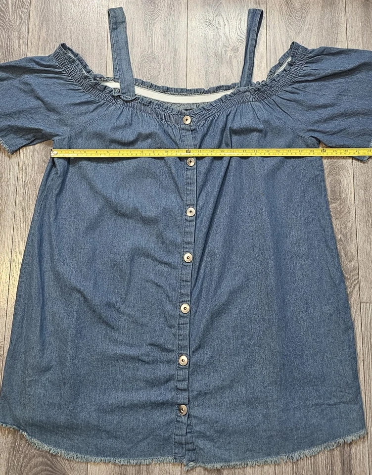 Blusa Top New Look Hombro Frío Abotonada Azul Algodón Cambray Para Mujer Talla 2X Foto 4 de 4