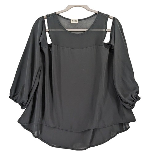 Tobi Cold Shoulder Blouse Medium Black Sheer Mesh Draped Hi Low Office Workwear