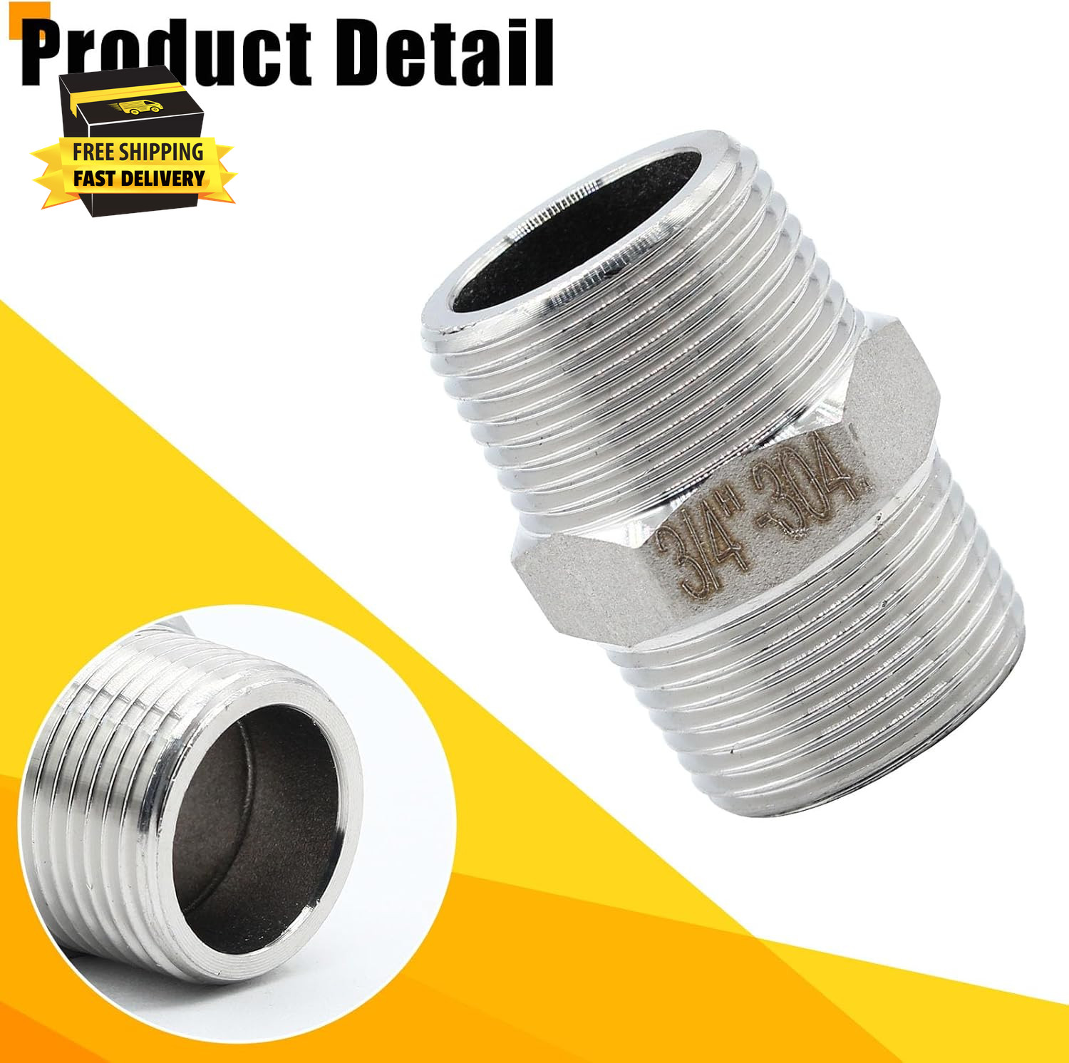 4 Pcs 3/4" X 3/4" NPT Male Hex Nipple, 304 Stainless Steel Threaded Pipe Fitting