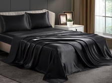 Set of 4 Satin Bed Sheets Bedding Sheet Cool Breathable Soft Silky Full Black