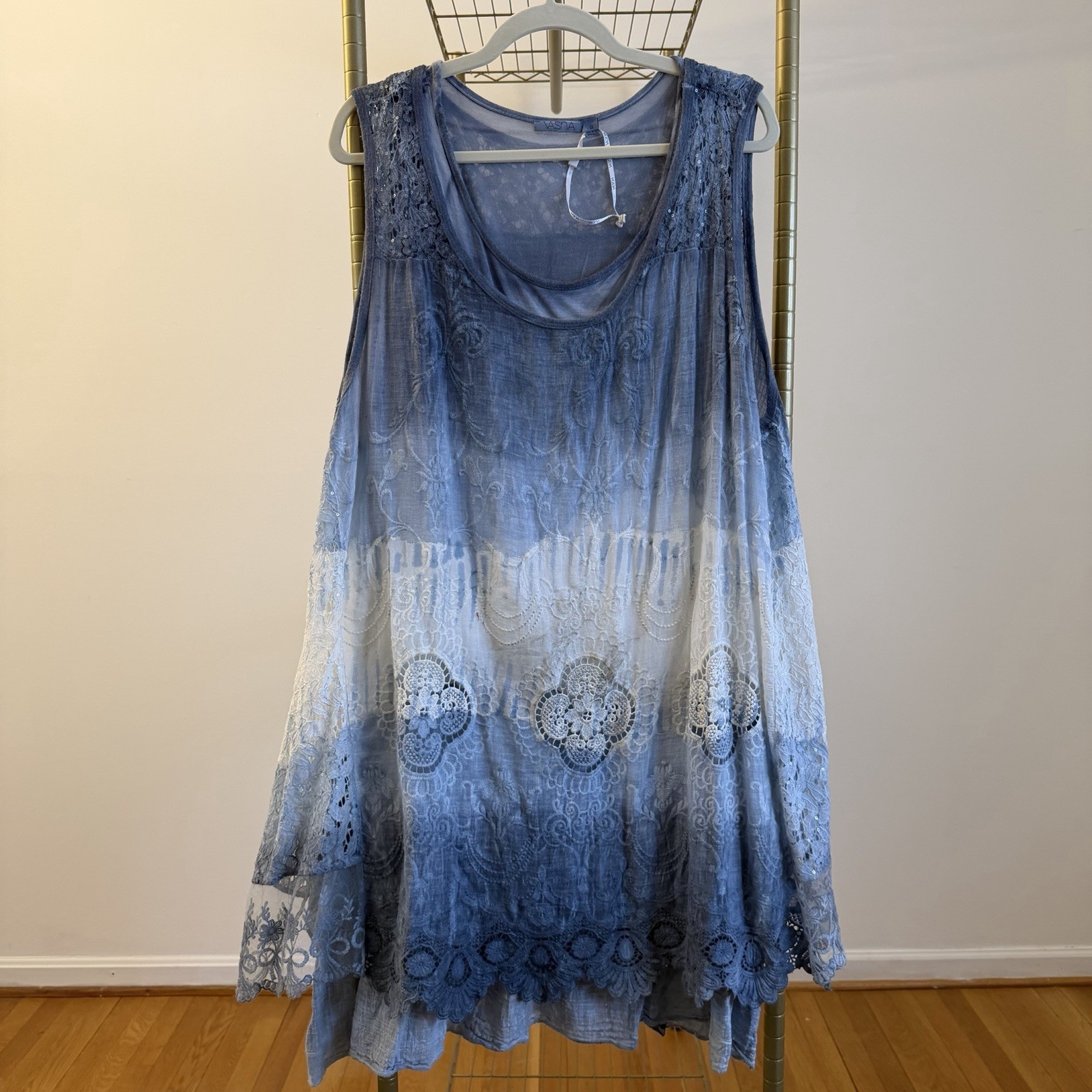 Vasna Boho Dress Tunic 3X Blue White Embroidery Sleeveless Layered Italy Ruffle