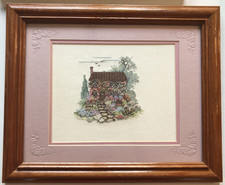 Vintage Framed Matted Cross Stitch Cottage Garden Floral Cottagecore Flowers