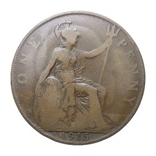 1915 UK One Penny Coin ? King George V ? Great Britain Bronze 