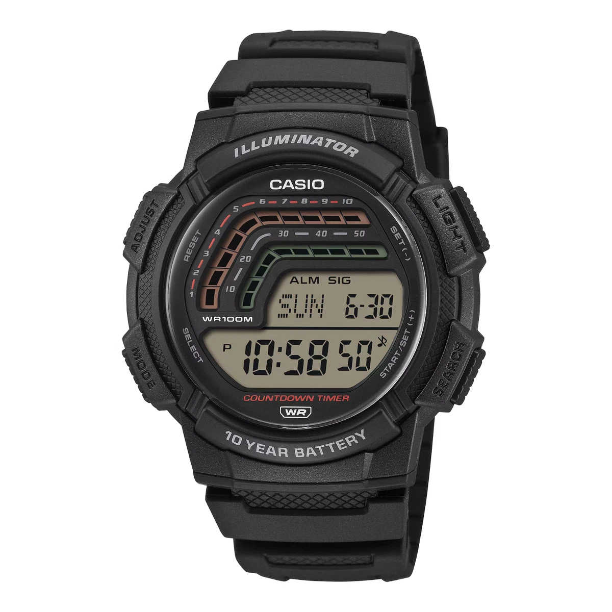 Casio Serie MWD100H | Orologio digitale da uomo | Argento/Nero | 100M WR | Lunetta in acciaio inossidabile | Retroilluminazione a LED con retroilluminazione a LED | Cronografo 100 SEC | Calendario