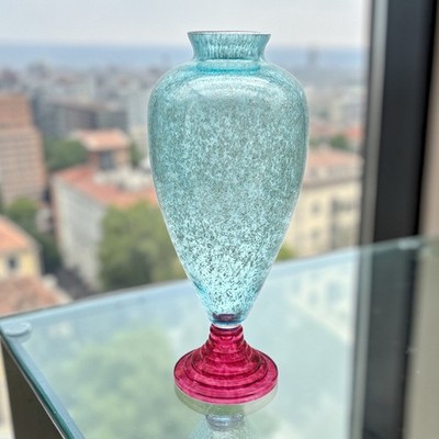 VTG Dolbi Cashier Italian Art Glass Vase Aqua Controlled Bubble Ruby Base 15''