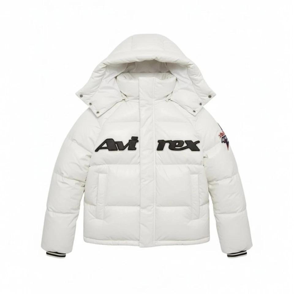 Chaqueta de cuero blanca Avirex Puffer marrón con capucha bombardero Avirex chaqueta de piloto Foto 3 de 4