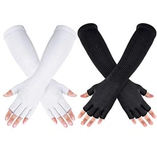 2 Pairs Winter Fingerless Mitten Long thermal Knitted Mittens White, Black