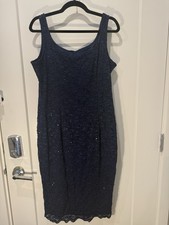 Alex Evenings Navy Blue Lace Sequin Sheath Dress Scoop Neck Sleeveless 16