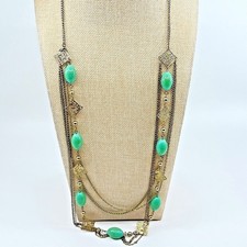 Vintage Retro Gold Tone Layered Chain Necklace Faux Turquoise Oval Beads Modern