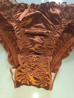 🌹 Copper Satin Mesh Frilly Knickers Panties Lace Bow Silky size XL 16-18 - Image 1 of 4