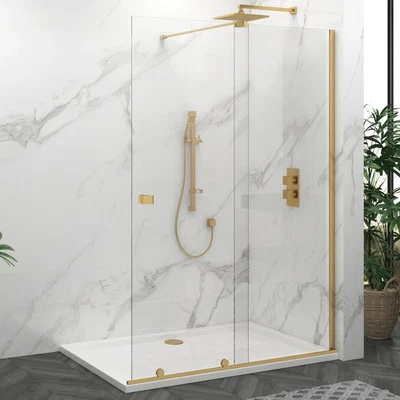 ROYAL BATHROOMS Brushed Brass Walk In Wet Room Sliding Shower Screen 8mm Glass Panel 1950mm Tall