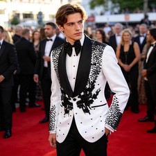 Beaded Men Applique Suit Jacquard Shawl Lapel Floral Jacket Pearls Wedding