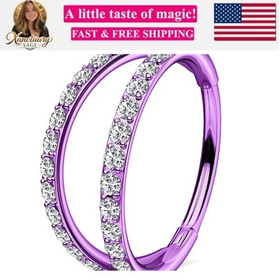 Violet Clear Double Hoop Nose Ring 18G, Hinged Clicker CZ Nose Hoop for Singl...