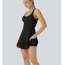 Halara Softlyzero Airy Backless Twisted Activewear Dress Medium Black Pocket