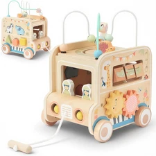 Wooden Pull along Activity Cube Toys, Montessori Toys for 1 2 3 Year Old Baby To