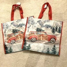 TWO TJ Maxx Holiday Dog Drives Vintage Van Christmas Tree Snow Landscape Tote LG