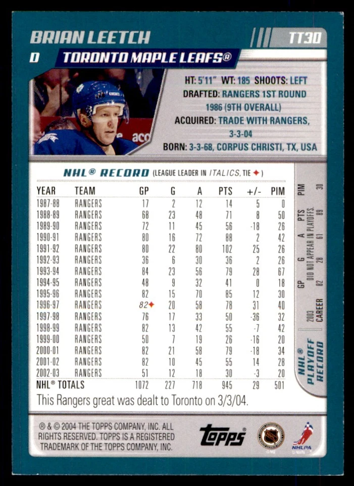 2003-04 Topps Traded & Rookies Brian Leetch #TT30 - Image 2 of 2