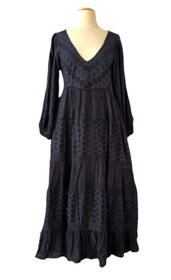 FREE PEOPLE Size S Mockingbird Eyelet Maxi Dress Black Back Cutout Plunge Neck