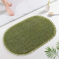 Olive Green Pom Bath Rug for Bathroom Non Slip, Cute Boho Pom Oval Absorbent