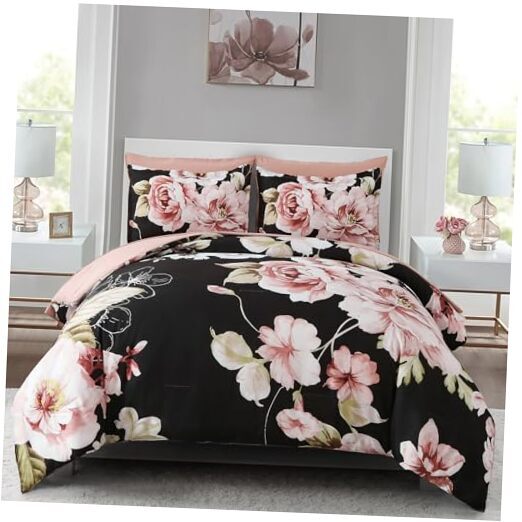 Floral Comforter Set Size 7 Pieces Bed in a Bag,Pink Flower Pattern Queen Black