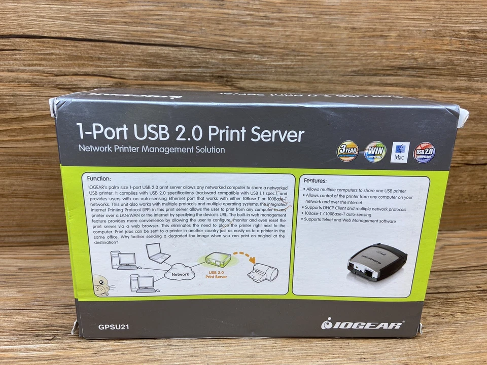 IOGear GPSU21 1-Port USB 2.0 Print Server w/ AC Adapter & USB Cable  - Image 3 of 4