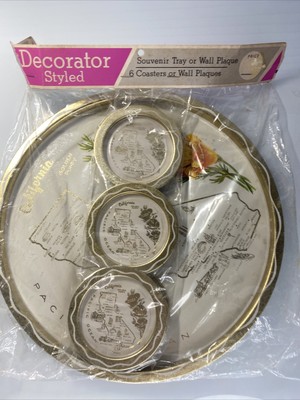 NOS Vintage California Souvenir Metal Tin Tray  11  6 Coasters  Map Set