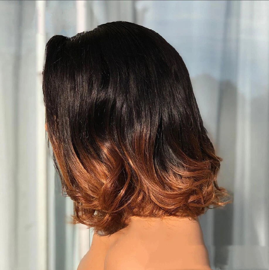 Pelucas delanteras de encaje de cabello humano Ombre marrón corto Bob Wave negro a marrón 13x4 encaje Foto 3 de 4