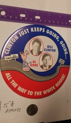 GIANT,LARGE BILL CLINTON CAMPAIGN PINBACK 5'' 3/4 1992