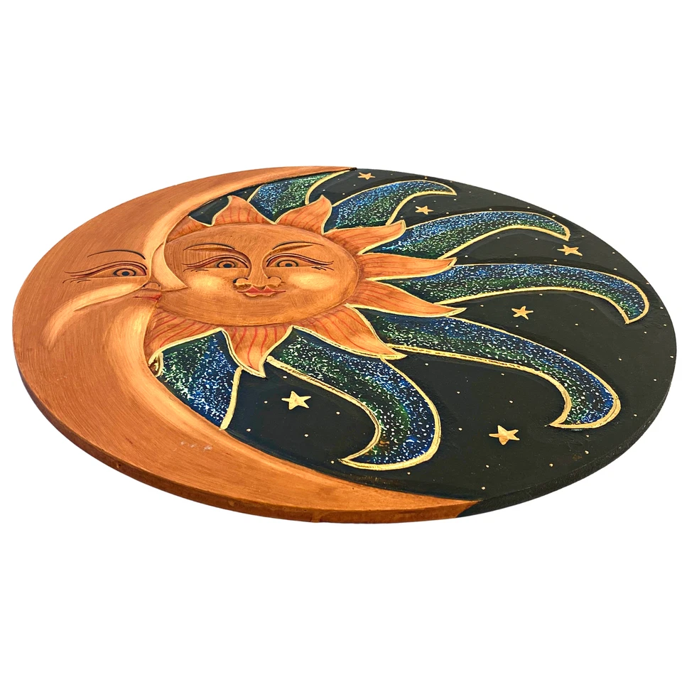 Escultura de pared Sun & Moon Sunburst arte bali tallado a mano pintado azul verde Foto 3 de 4