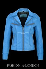 Escape Ladies Collared Real Leather Jacket Blue Stone Wash Biker Designer Jacket