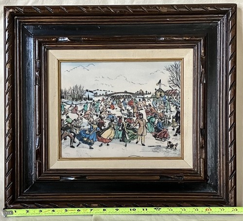 Currier & Ives Hand Colored Engraving Skating Scene Vintage America 16x18” - Picture 7 of 7
