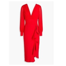 BADGLEY MISCHKA Crepe-Paneled Chiffon Midi Dress V Neck Long Sleeve Women Red 8