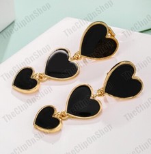 CLIP ON 4cm big RETRO GOLD&BLACK ENAMEL drop HEART EARRINGS 3-tier triple hearts