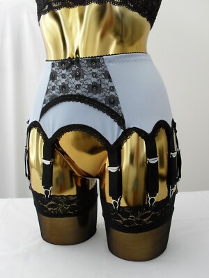 Med-Lrg 14 Strap Baby Blue Lycra + Black Arch Lace Designer Sexy Suspender Belt