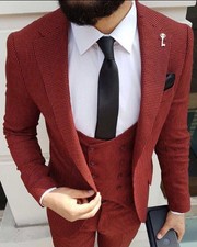 DESIGNER BUSINESS RED PEPITA MEN'S SUIT SPORT COAT PANTS WAISTCOAT FITTED SLIM FIT 54