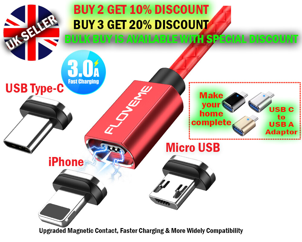 Magnetic Phone Charger Cable for iPhone/USB C/Micro USB Fast