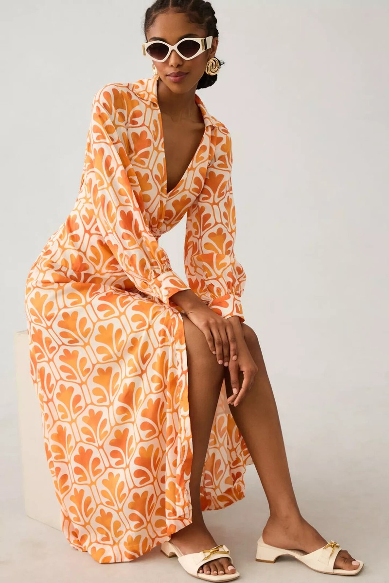 gold leaf dress anthropologie Maeve Printed Wrap Shirt Sz 8 dress_type_Beaded