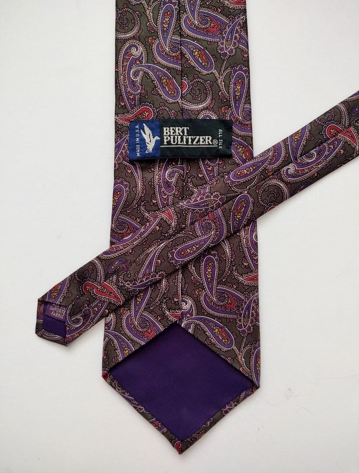Corbata para hombre BERT PULITZER 100 % seda verde cachemira/azul marino/rojo/dorado usada en excelente estado Foto 3 de 4