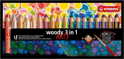 STABILO - woody 3 in 1 ARTY Buntstift, Wasserfarbe & Wachsmalkreide - 18er Pack 