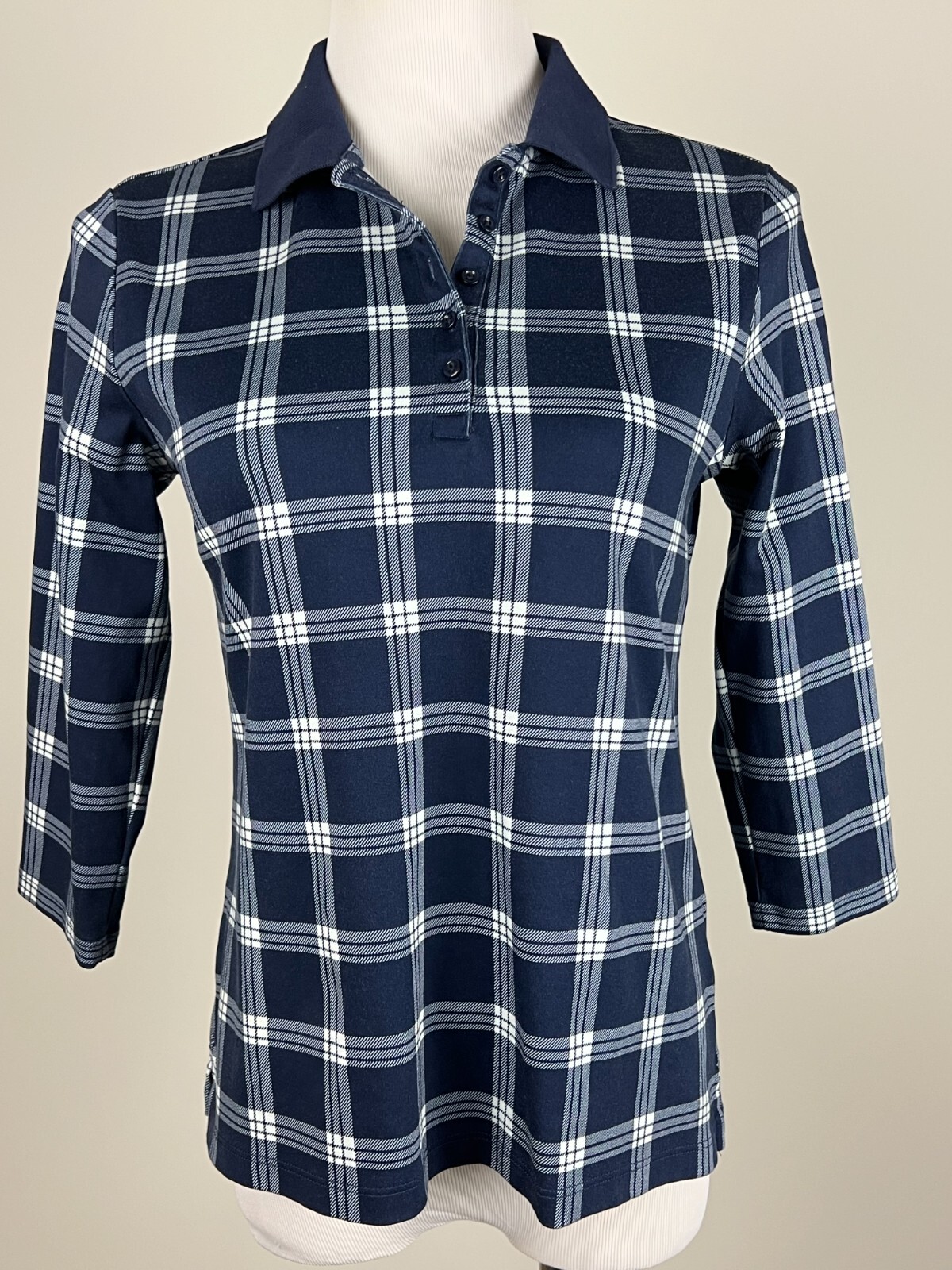 LANDS' END Petites 3/4sl 'Supima Cotton PLAID Polo Shirt' SP, Navy White eBay
