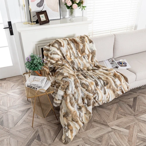 Echt Kaninchenfell Überwurf Luxus Warm Decke Sofa Tagesdecke Natur Gelb 55x63in - Bild 6 von 6
