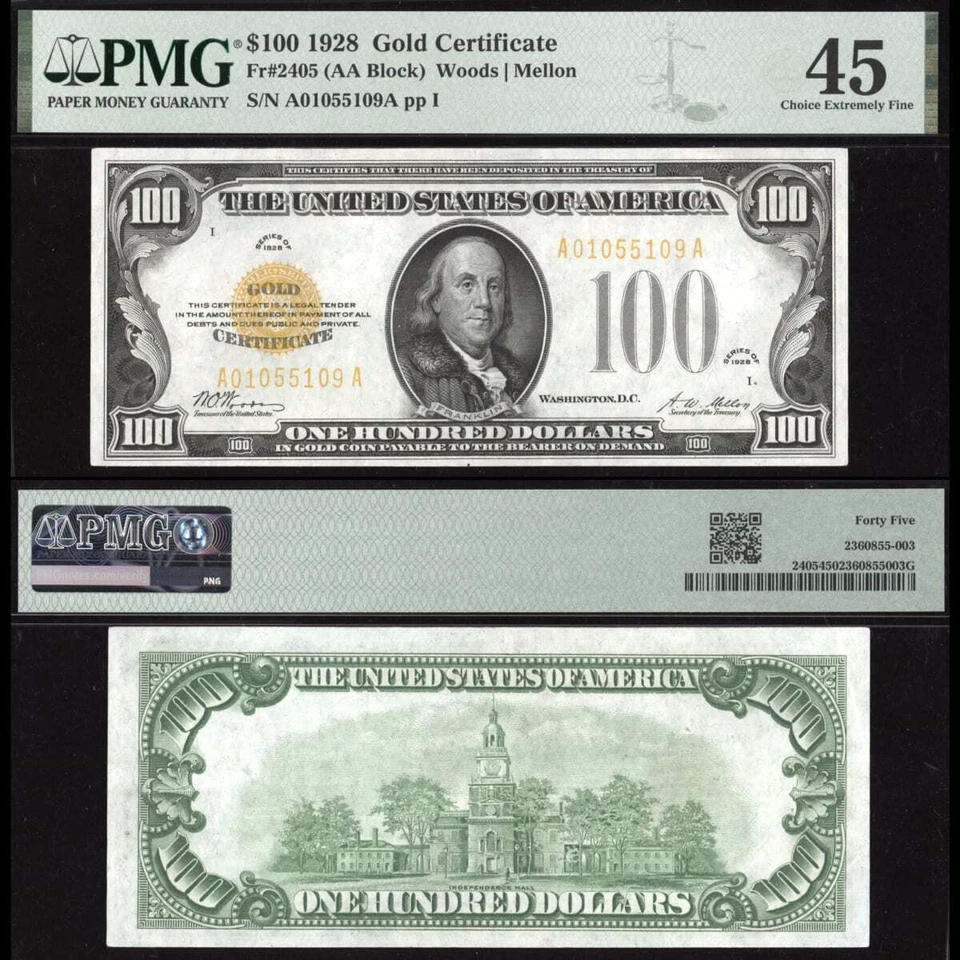 1928 年 100 美元黄金证书 - Fr. 2405 - PMG 45