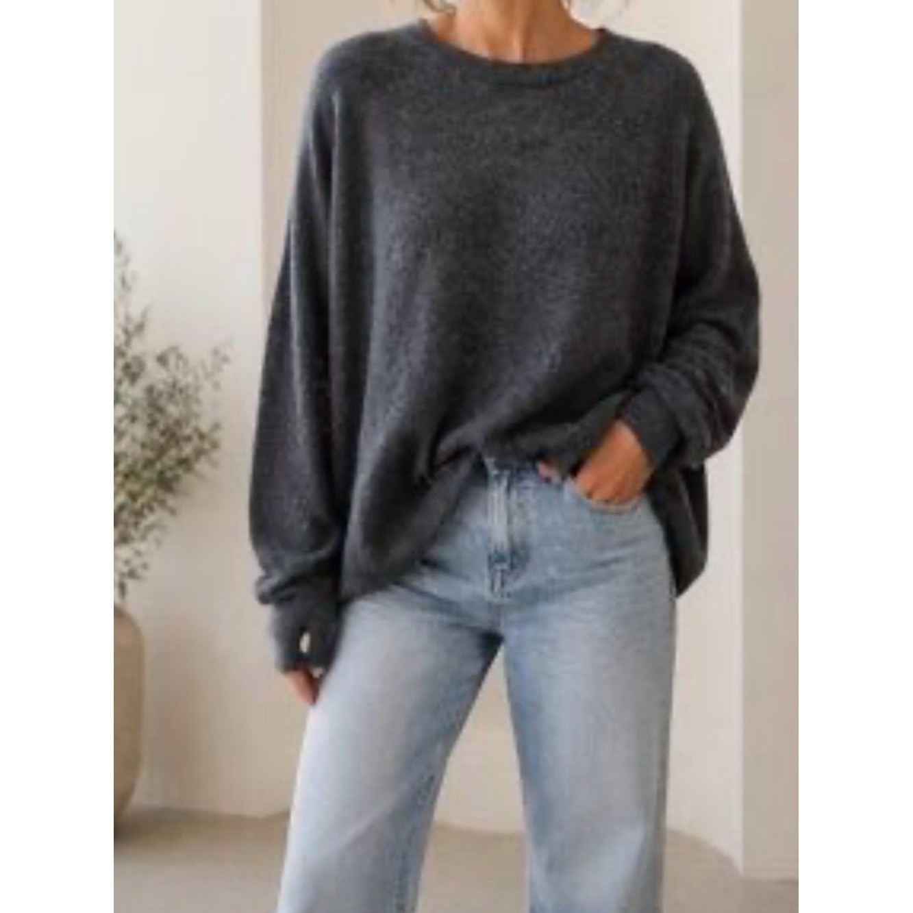 Jenni Kayne Dark Grey Gray Oversized Sweater Crewneck Wool Cashmere Blend Small