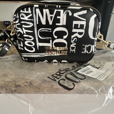 Versace Jeans Couture Logo Print Zip Crossbody Bag Small Black/White w Strap
