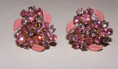 Vintage Design Weiss NY Signed Earrings Pink & Enamel Rhinestones Fancy