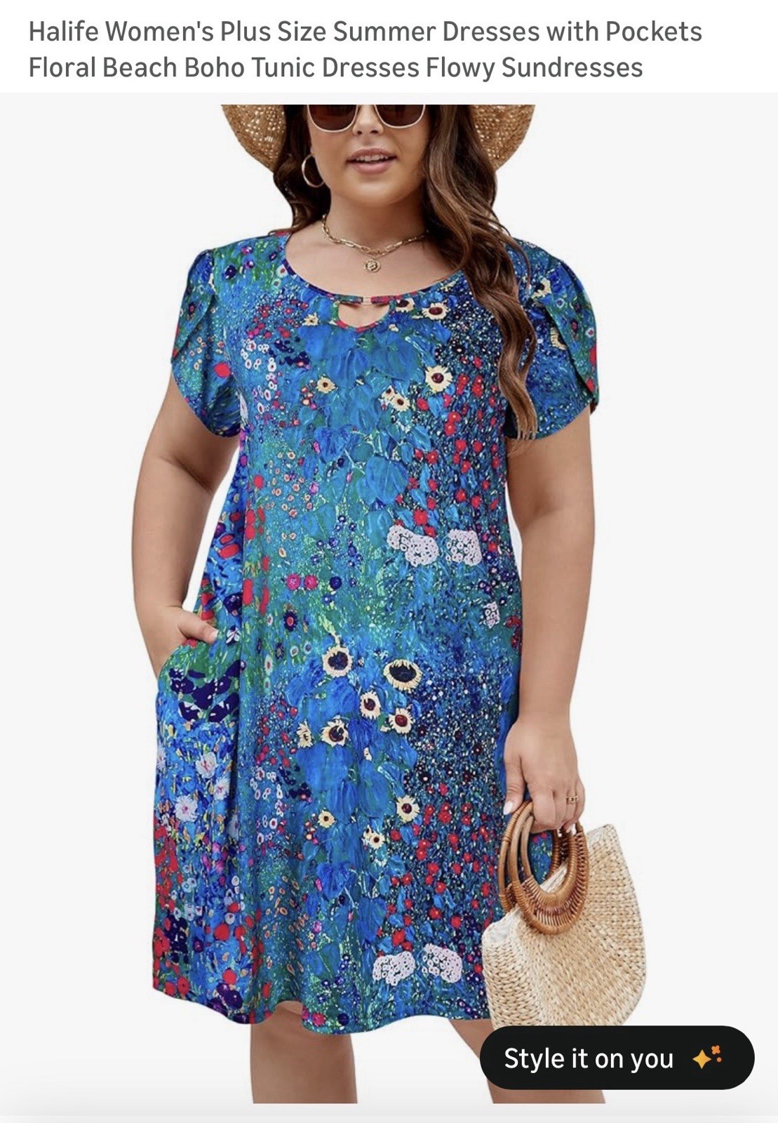 Halife 3X Plus Blue Floral Garden Print Dress Pockets 41.5” Long Boho Soft Flowy