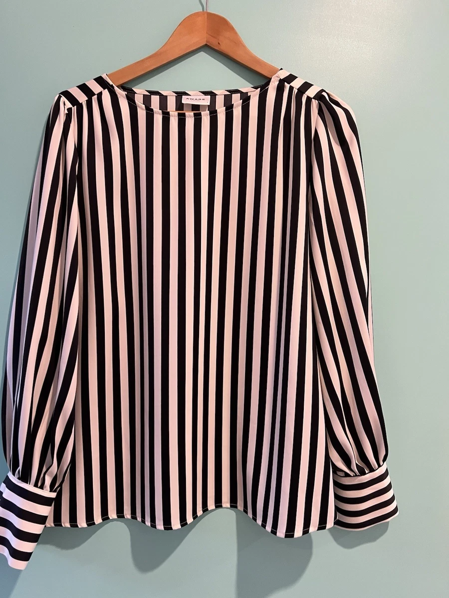 AWARE by Vero Moda Size L Black & White Striped Satin Blouse Long Sleeve. 